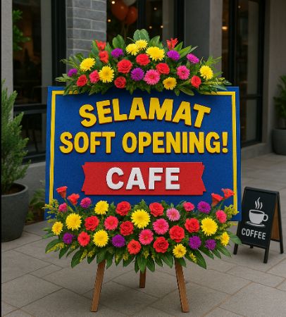 papan bunga ucapan selamat soft opening cafe kekinian di medan dengan dekorasi bunga berwarna cerah di depan coffee shop modern