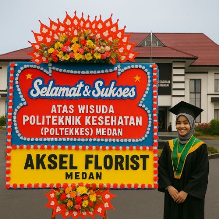 Papan bunga ucapan wisuda Poltekkes Medan dengan mahasiswi berjilbab memakai toga di depannya.