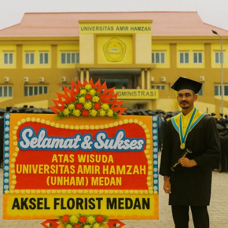 Papan bunga ucapan selamat wisuda Universitas Amir Hamzah (UNHAM) Medan dengan dekorasi warna cerah