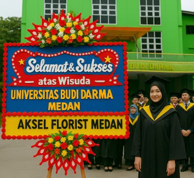 Suasana wisuda Universitas Budi Darma Medan dengan papan bunga ucapan selamat dari Aksel Florist Medan dan para mahasiswa berbusana toga lengkap di depan gedung kampus.