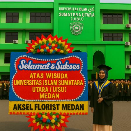 Papan bunga ucapan selamat wisuda Universitas Islam Sumatera Utara (UISU) Medan dari Aksel Florist, dengan latar mahasiswa berbusana toga hitam dan gedung kampus hijau UISU