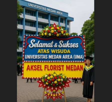 Karangan bunga ucapan selamat wisuda Universitas Medan Area (UMA) dari Aksel Florist Medan, dengan latar belakang gedung kampus UMA dan suasana perayaan wisuda
