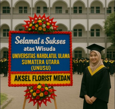 Mahasiswi berdiri di samping papan bunga wisuda Universitas Nahdlatul Ulama Sumatera Utara (UNUSU) dengan latar kampus.