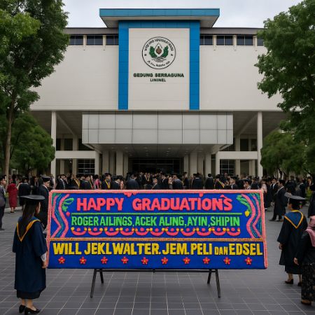karangan bunga ucapan kelulusan di depan gedung serbaguna Universitas Negeri Medan (UNIMED) saat wisuda mahasiswa