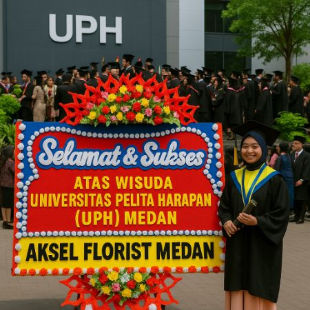 Mahasiswa wisuda Universitas Pelita Harapan (UPH) Medan berfoto di depan papan bunga ucapan selamat dari Aksel Florist Medan, dengan latar belakang gedung kampus dan keramaian suasana wisuda.