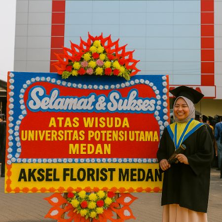 Suasana wisuda di depan gedung STMIK Potensi Utama, dengan banyak mahasiswa memakai toga dan papan bunga ucapan selamat wisuda Universitas Potensi Utama Medan.