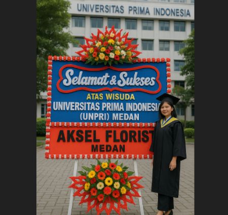 Karangan bunga ucapan selamat wisuda Universitas Prima Indonesia (UNPRI) Medan dari Aksel Florist Medan, dengan latar gedung kampus dan wisudawati tersenyum mengenakan toga
