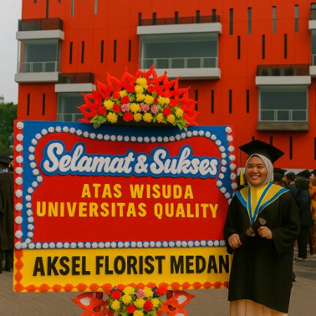 Wisudawan memakai toga berdiri dekat papan bunga ucapan kelulusan di depan gedung Universitas Quality Medan