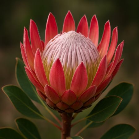 Bunga protea berwarna pink dengan kelopak unik dan tekstur tebal.