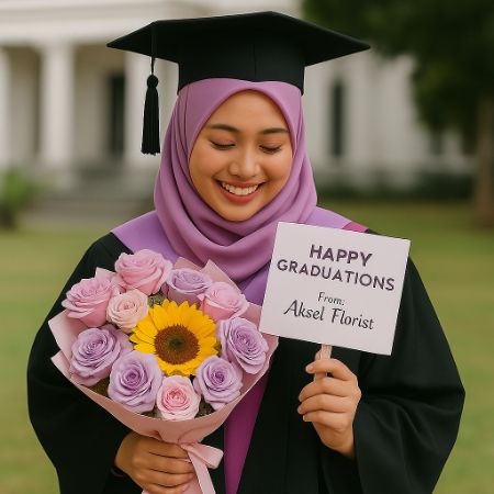 Wisudawati memegang buket bunga pink dan ungu bertuliskan Happy Graduations from Aksel Florist.