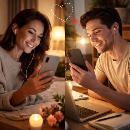 Pasangan LDR saling terhubung lewat ponsel dengan suasana hangat