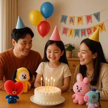Keluarga kecil merayakan ulang tahun anak dengan kue, lilin, balon, dan boneka hias di meja.